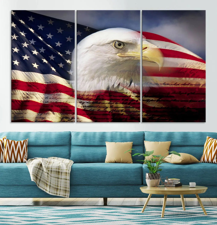 A canvas print of the American Flag Eagle Symbol, featuring a bald eagle with the American flag and printed on museum-quality canvas for high-resolution brilliance, is displayed.