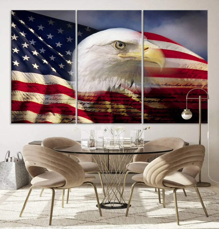 A canvas print of the American Flag Eagle Symbol, featuring a bald eagle with the American flag and printed on museum-quality canvas for high-resolution brilliance, is displayed.