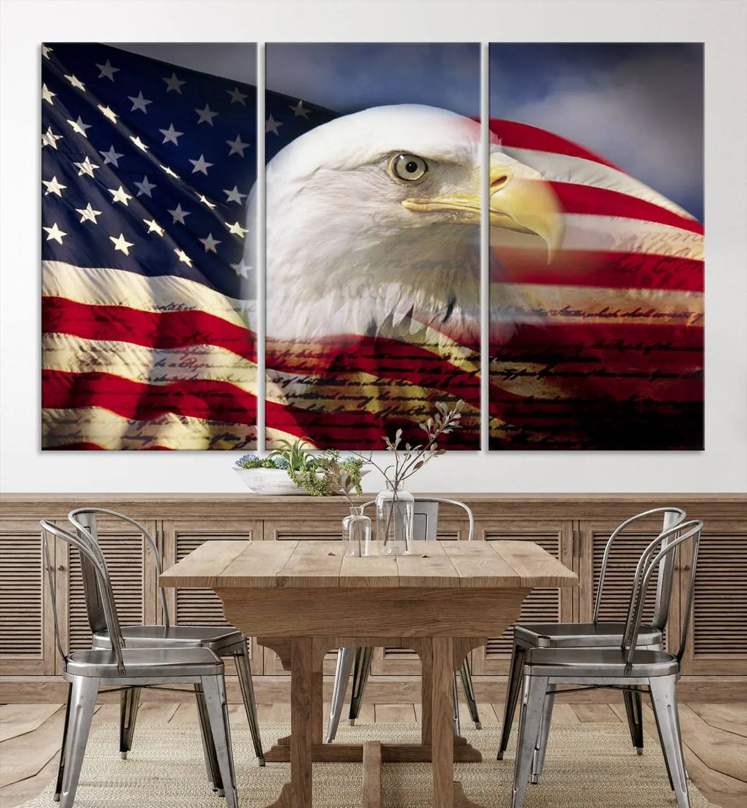 A canvas print of the American Flag Eagle Symbol, featuring a bald eagle with the American flag and printed on museum-quality canvas for high-resolution brilliance, is displayed.