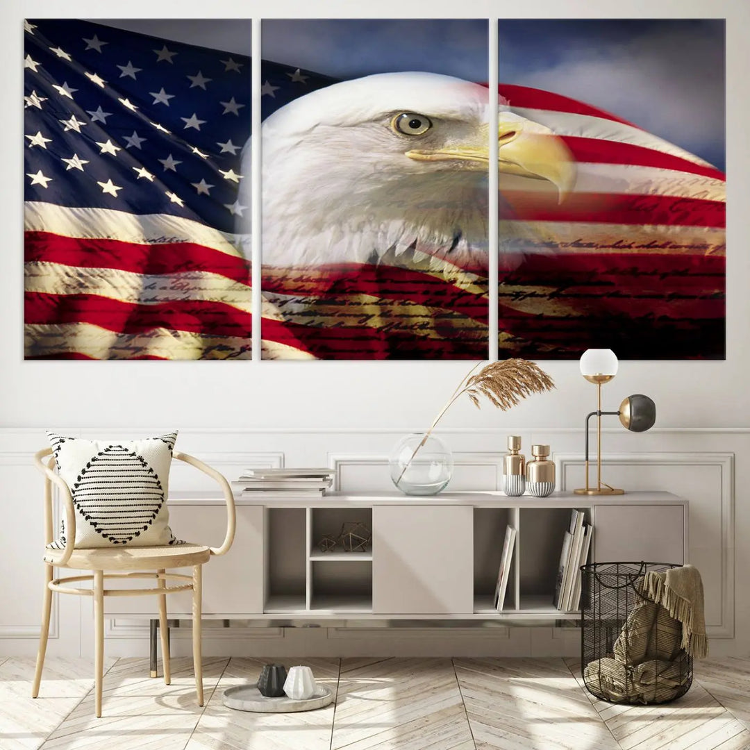 A canvas print of the American Flag Eagle Symbol, featuring a bald eagle with the American flag and printed on museum-quality canvas for high-resolution brilliance, is displayed.