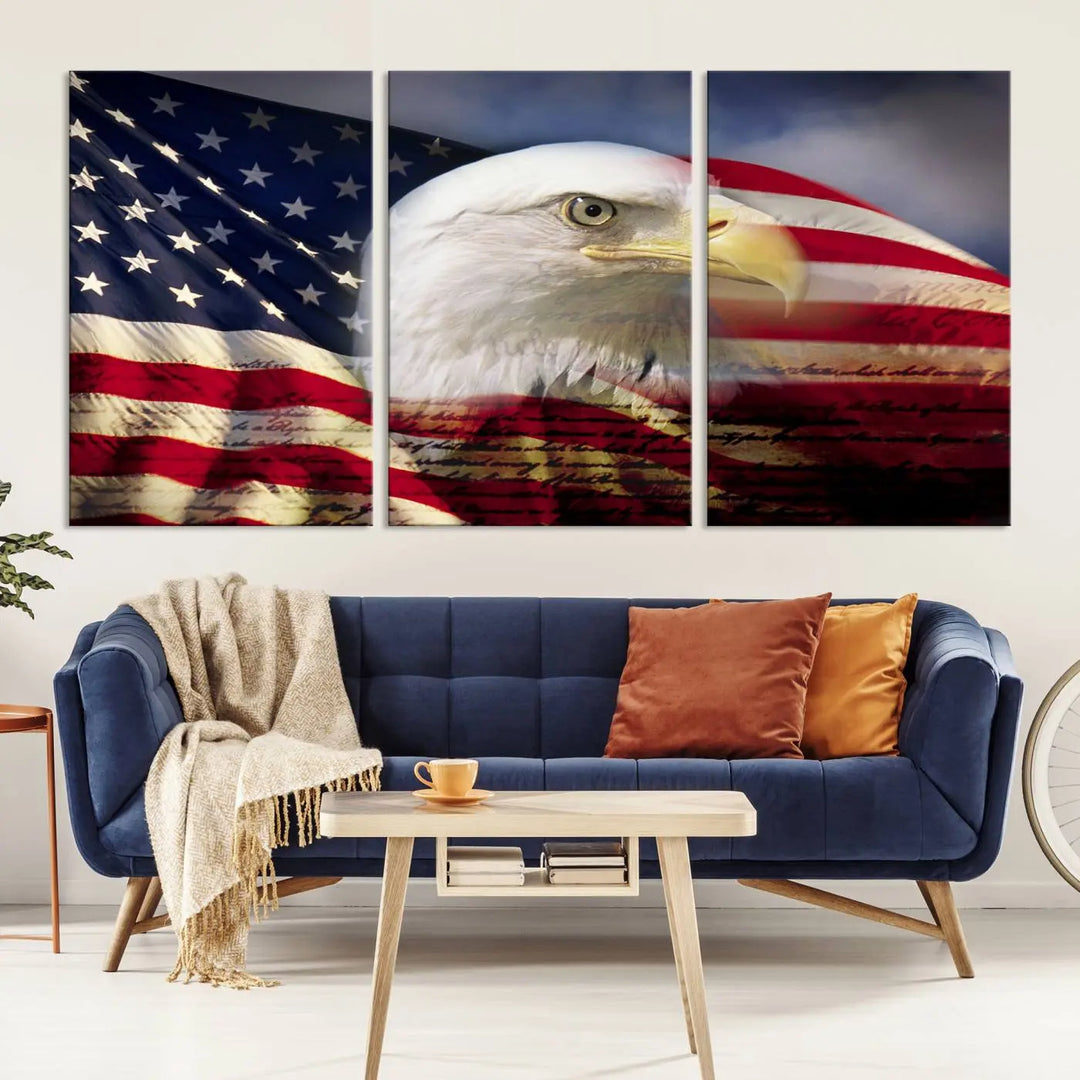 A canvas print of the American Flag Eagle Symbol, featuring a bald eagle with the American flag and printed on museum-quality canvas for high-resolution brilliance, is displayed.