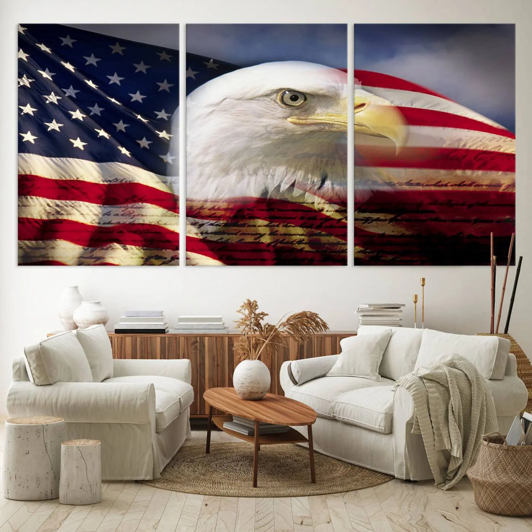 A canvas print of the American Flag Eagle Symbol, featuring a bald eagle with the American flag and printed on museum-quality canvas for high-resolution brilliance, is displayed.