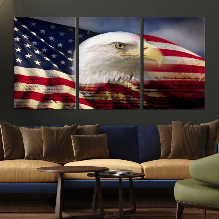 A canvas print of the American Flag Eagle Symbol, featuring a bald eagle with the American flag and printed on museum-quality canvas for high-resolution brilliance, is displayed.