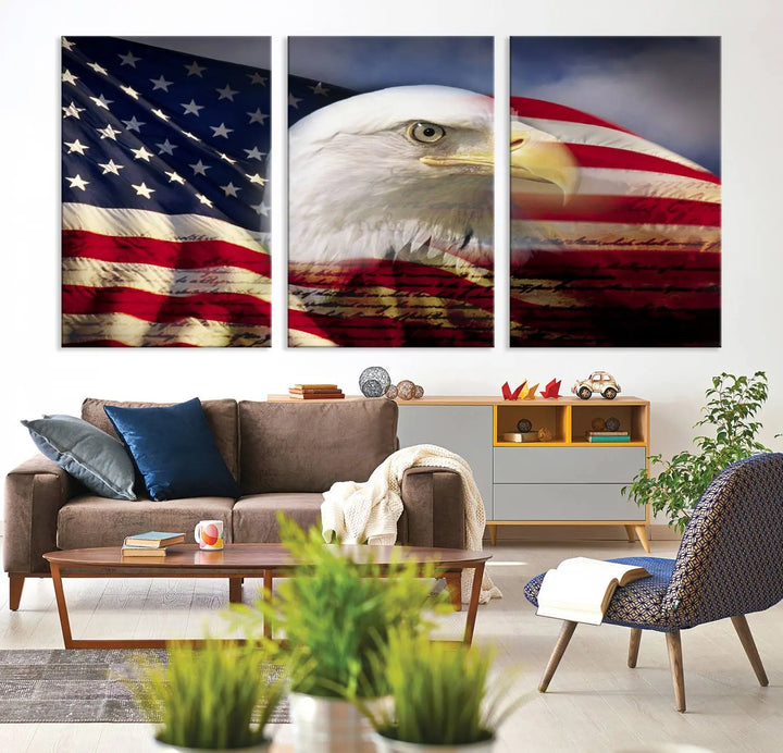 A canvas print of the American Flag Eagle Symbol, featuring a bald eagle with the American flag and printed on museum-quality canvas for high-resolution brilliance, is displayed.