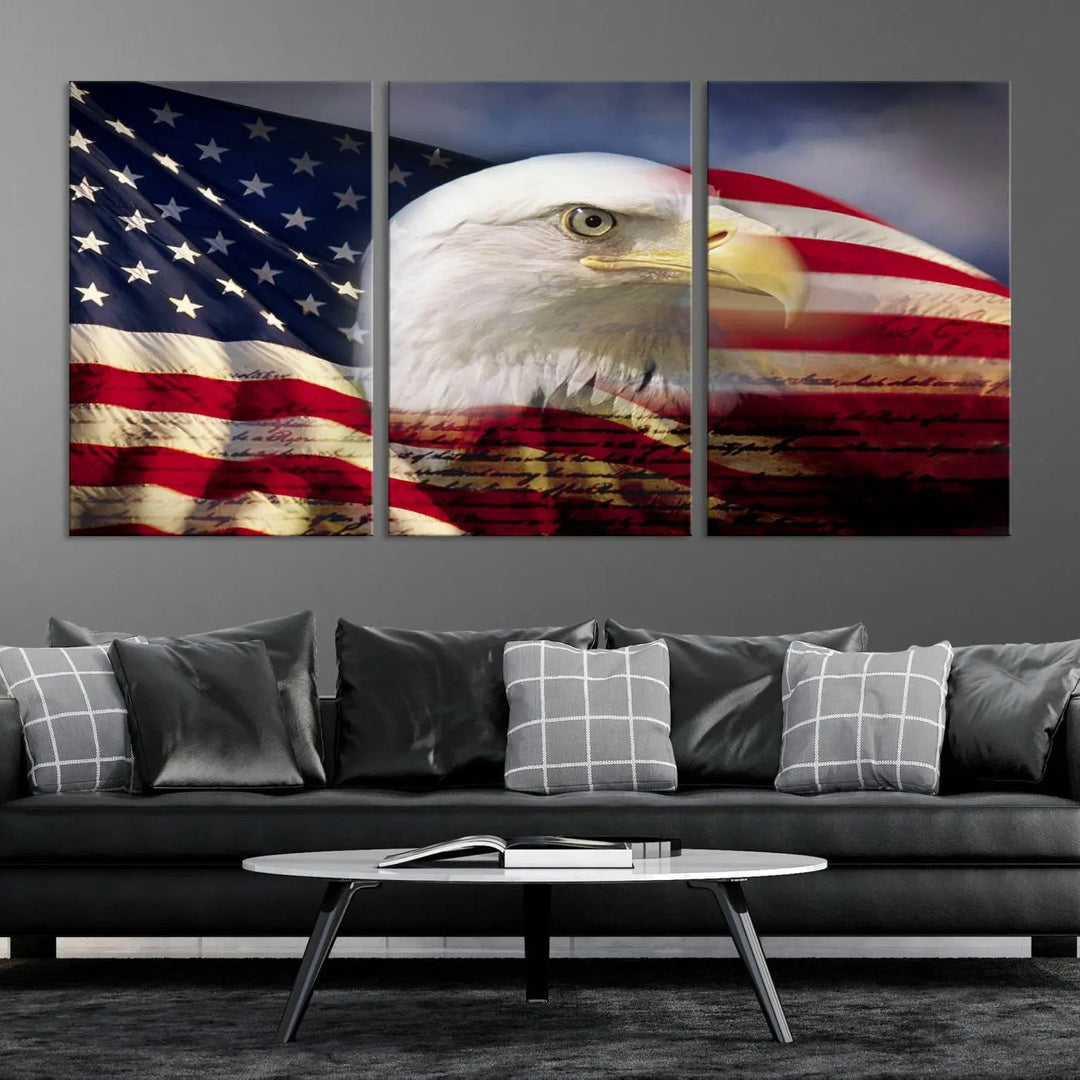 A canvas print of the American Flag Eagle Symbol, featuring a bald eagle with the American flag and printed on museum-quality canvas for high-resolution brilliance, is displayed.