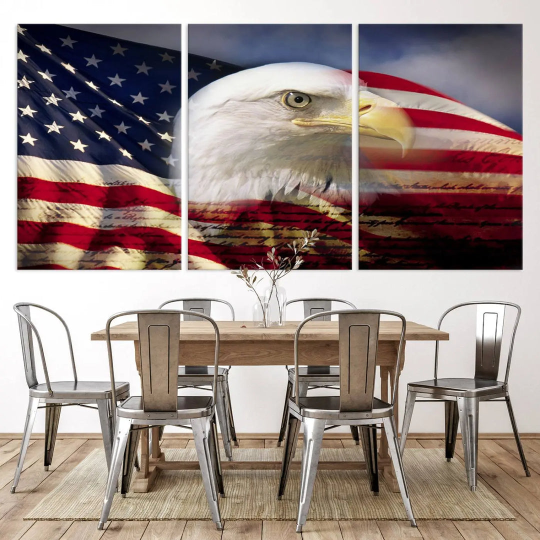 A canvas print of the American Flag Eagle Symbol, featuring a bald eagle with the American flag and printed on museum-quality canvas for high-resolution brilliance, is displayed.