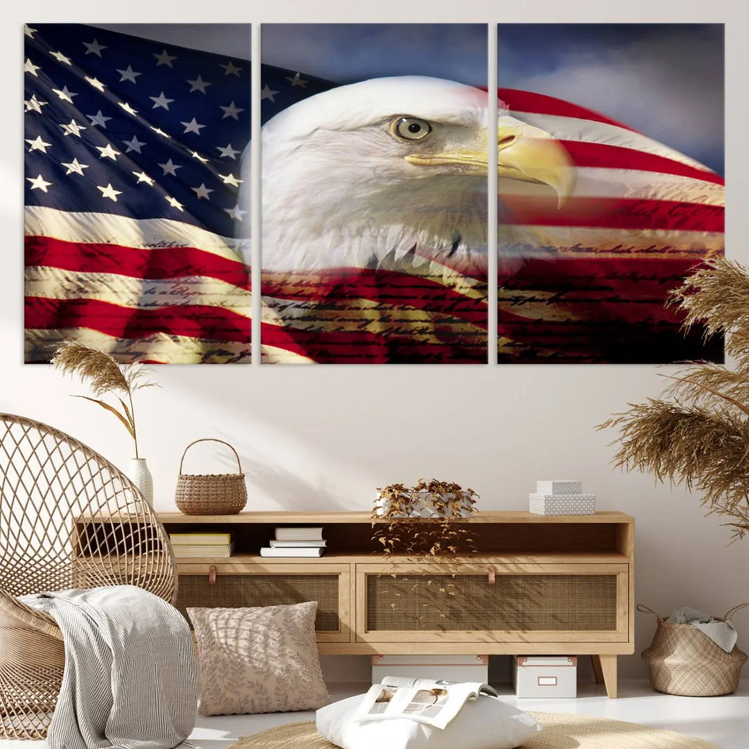 A canvas print of the American Flag Eagle Symbol, featuring a bald eagle with the American flag and printed on museum-quality canvas for high-resolution brilliance, is displayed.