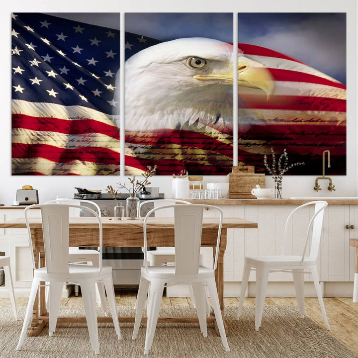 A canvas print of the American Flag Eagle Symbol, featuring a bald eagle with the American flag and printed on museum-quality canvas for high-resolution brilliance, is displayed.