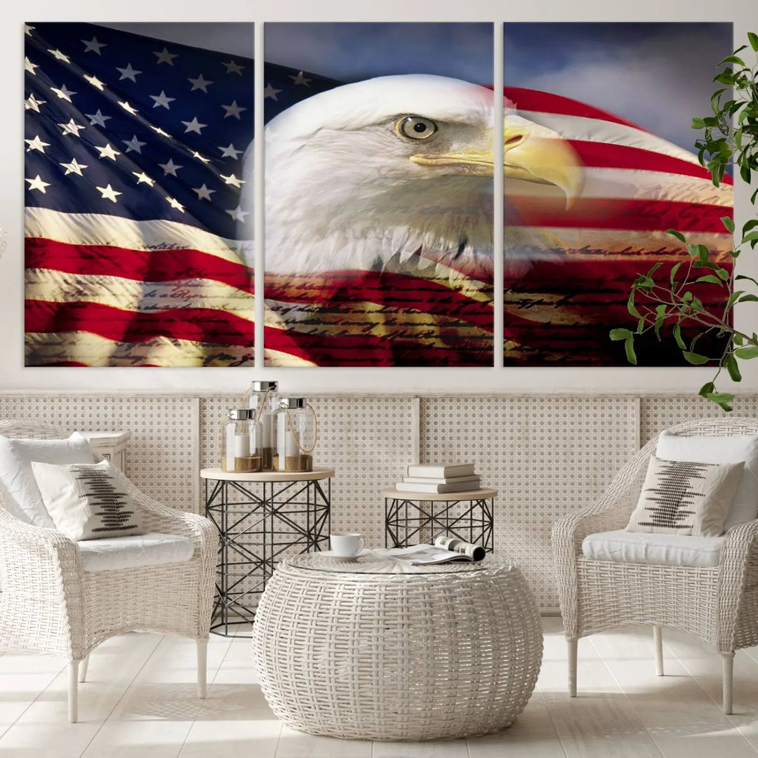 A canvas print of the American Flag Eagle Symbol, featuring a bald eagle with the American flag and printed on museum-quality canvas for high-resolution brilliance, is displayed.