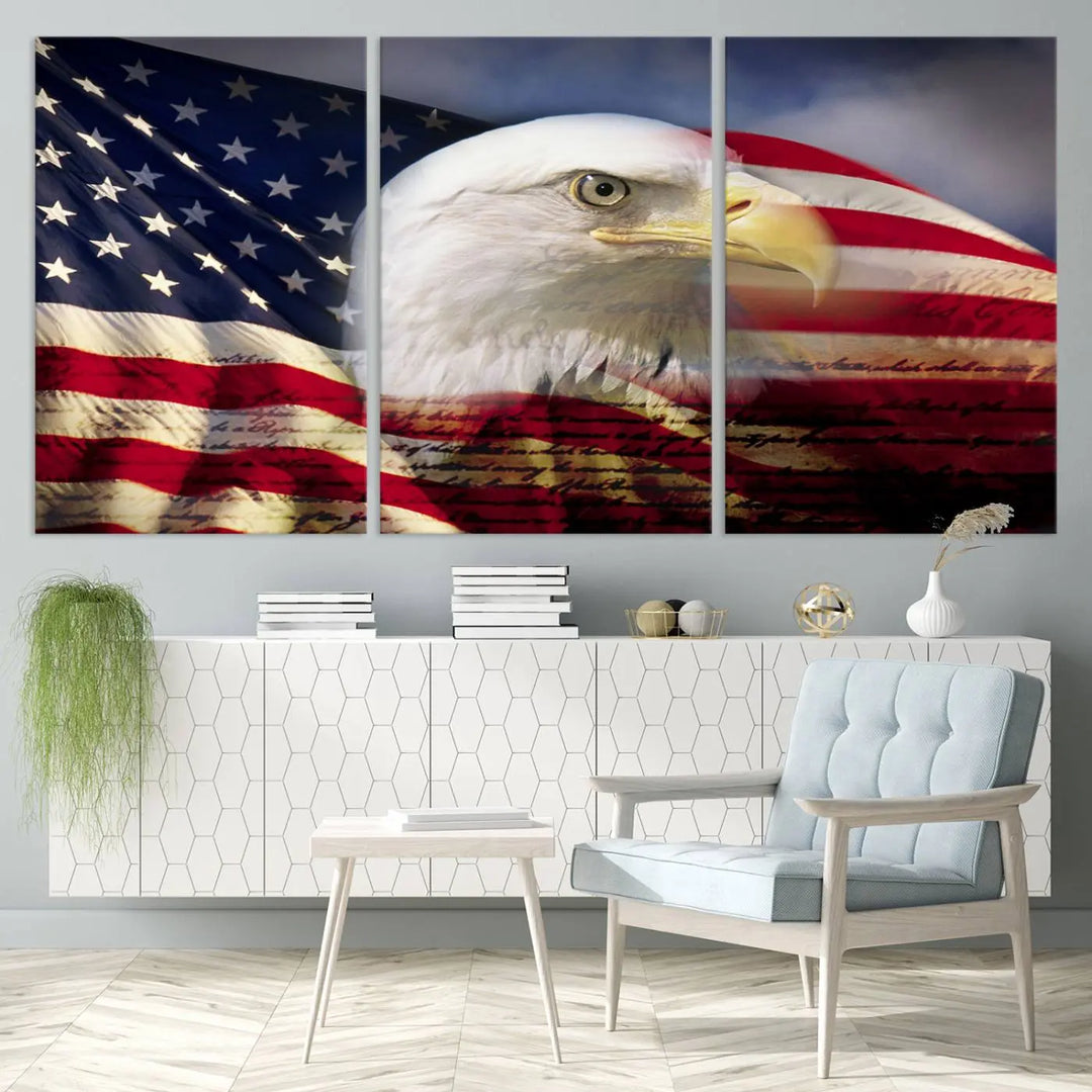 A canvas print of the American Flag Eagle Symbol, featuring a bald eagle with the American flag and printed on museum-quality canvas for high-resolution brilliance, is displayed.