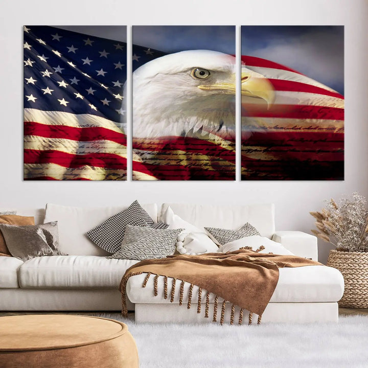 A canvas print of the American Flag Eagle Symbol, featuring a bald eagle with the American flag and printed on museum-quality canvas for high-resolution brilliance, is displayed.