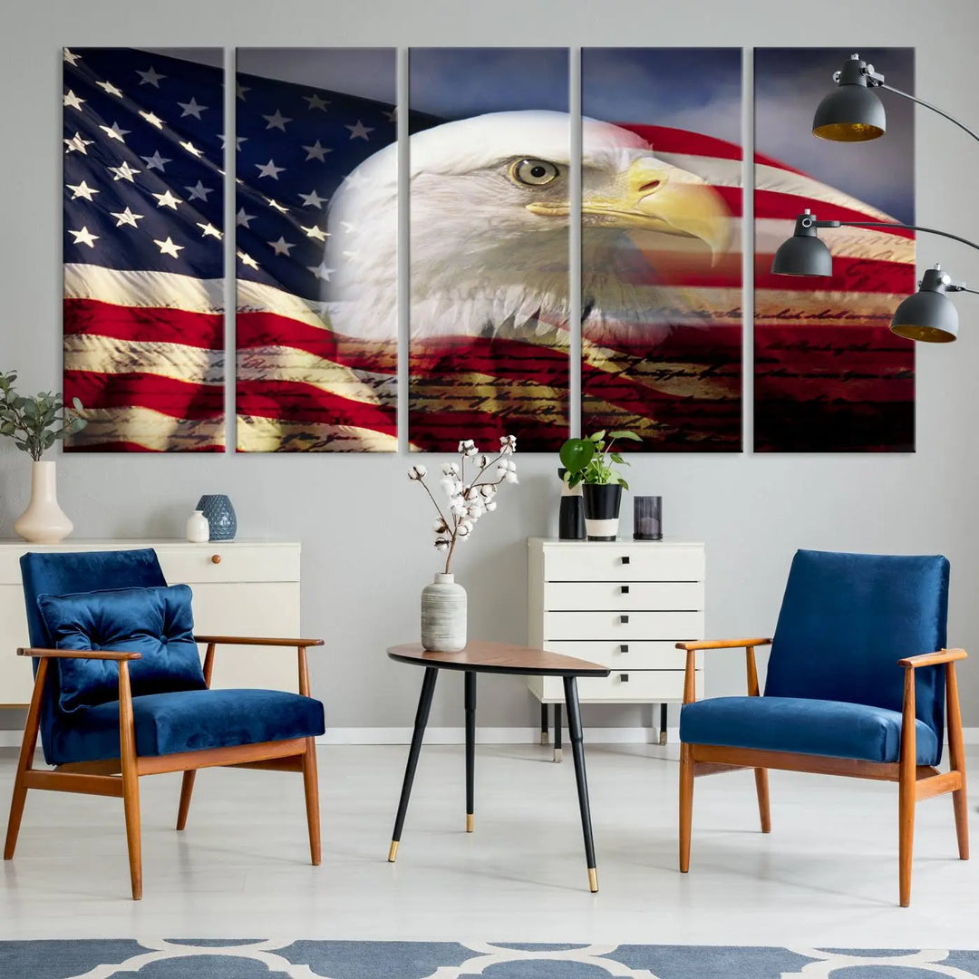 A canvas print of the American Flag Eagle Symbol, featuring a bald eagle with the American flag and printed on museum-quality canvas for high-resolution brilliance, is displayed.