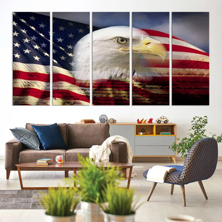 A canvas print of the American Flag Eagle Symbol, featuring a bald eagle with the American flag and printed on museum-quality canvas for high-resolution brilliance, is displayed.