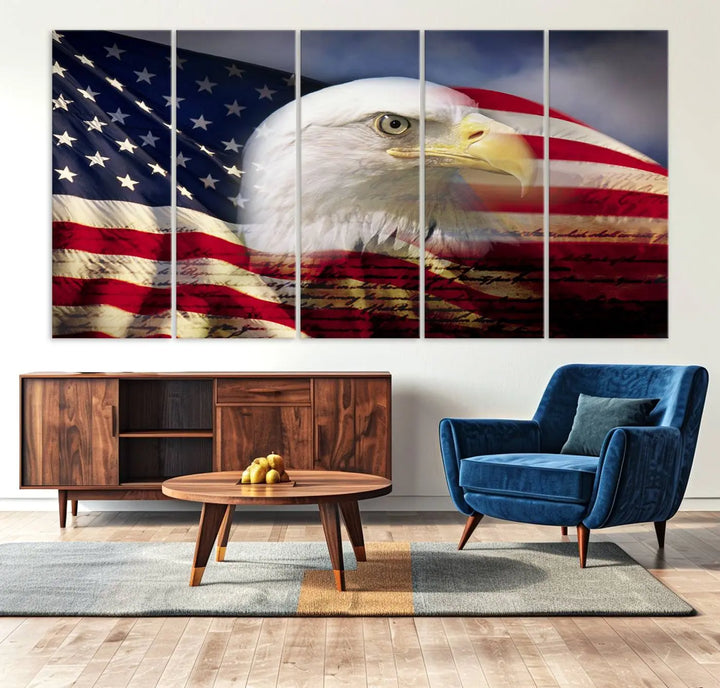 A canvas print of the American Flag Eagle Symbol, featuring a bald eagle with the American flag and printed on museum-quality canvas for high-resolution brilliance, is displayed.