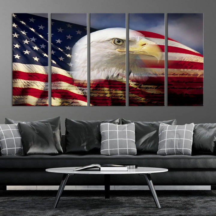 A canvas print of the American Flag Eagle Symbol, featuring a bald eagle with the American flag and printed on museum-quality canvas for high-resolution brilliance, is displayed.