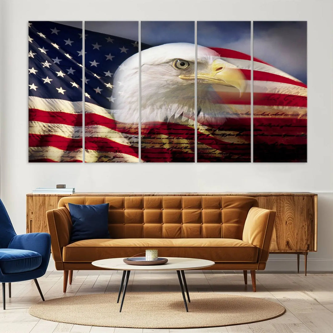 A canvas print of the American Flag Eagle Symbol, featuring a bald eagle with the American flag and printed on museum-quality canvas for high-resolution brilliance, is displayed.