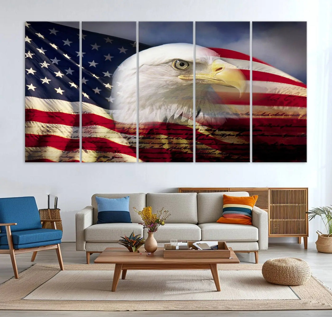 A canvas print of the American Flag Eagle Symbol, featuring a bald eagle with the American flag and printed on museum-quality canvas for high-resolution brilliance, is displayed.