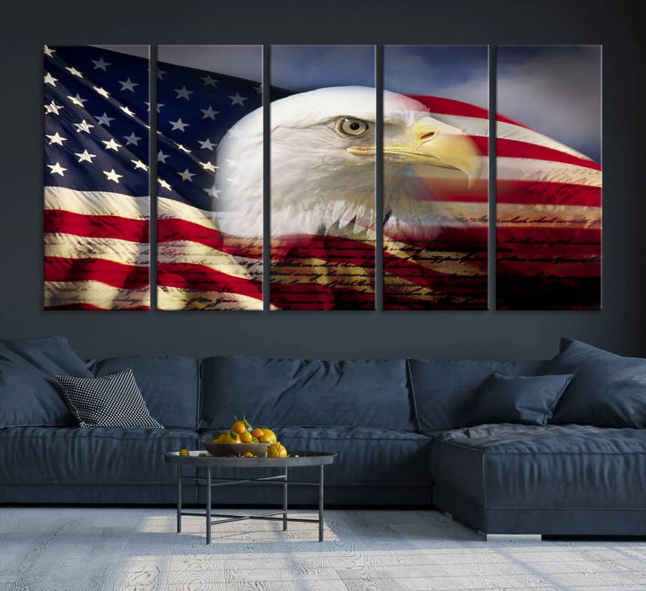 A canvas print of the American Flag Eagle Symbol, featuring a bald eagle with the American flag and printed on museum-quality canvas for high-resolution brilliance, is displayed.