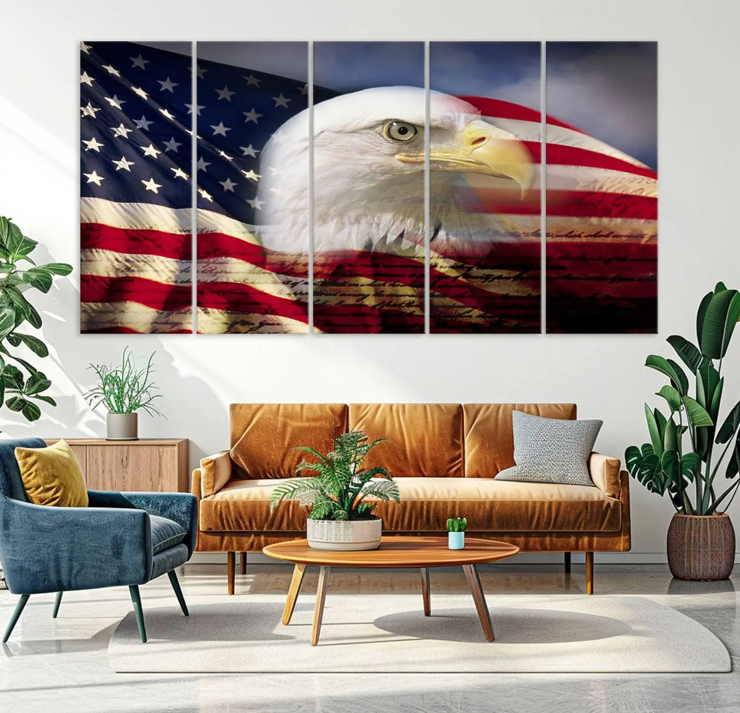 A canvas print of the American Flag Eagle Symbol, featuring a bald eagle with the American flag and printed on museum-quality canvas for high-resolution brilliance, is displayed.