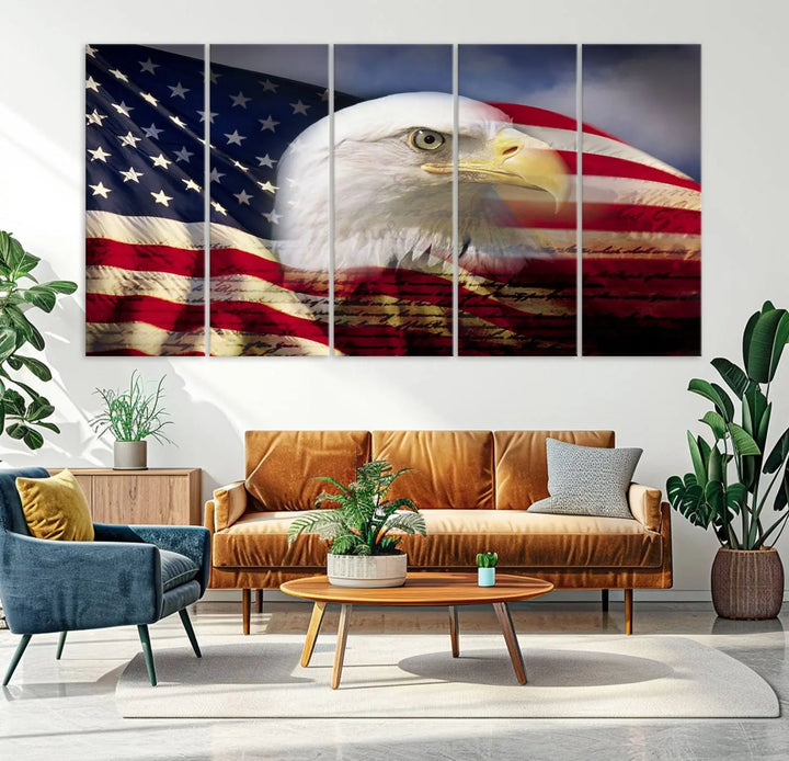 A canvas print of the American Flag Eagle Symbol, featuring a bald eagle with the American flag and printed on museum-quality canvas for high-resolution brilliance, is displayed.