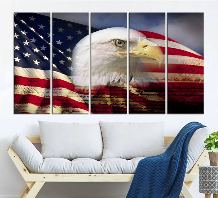 A canvas print of the American Flag Eagle Symbol, featuring a bald eagle with the American flag and printed on museum-quality canvas for high-resolution brilliance, is displayed.