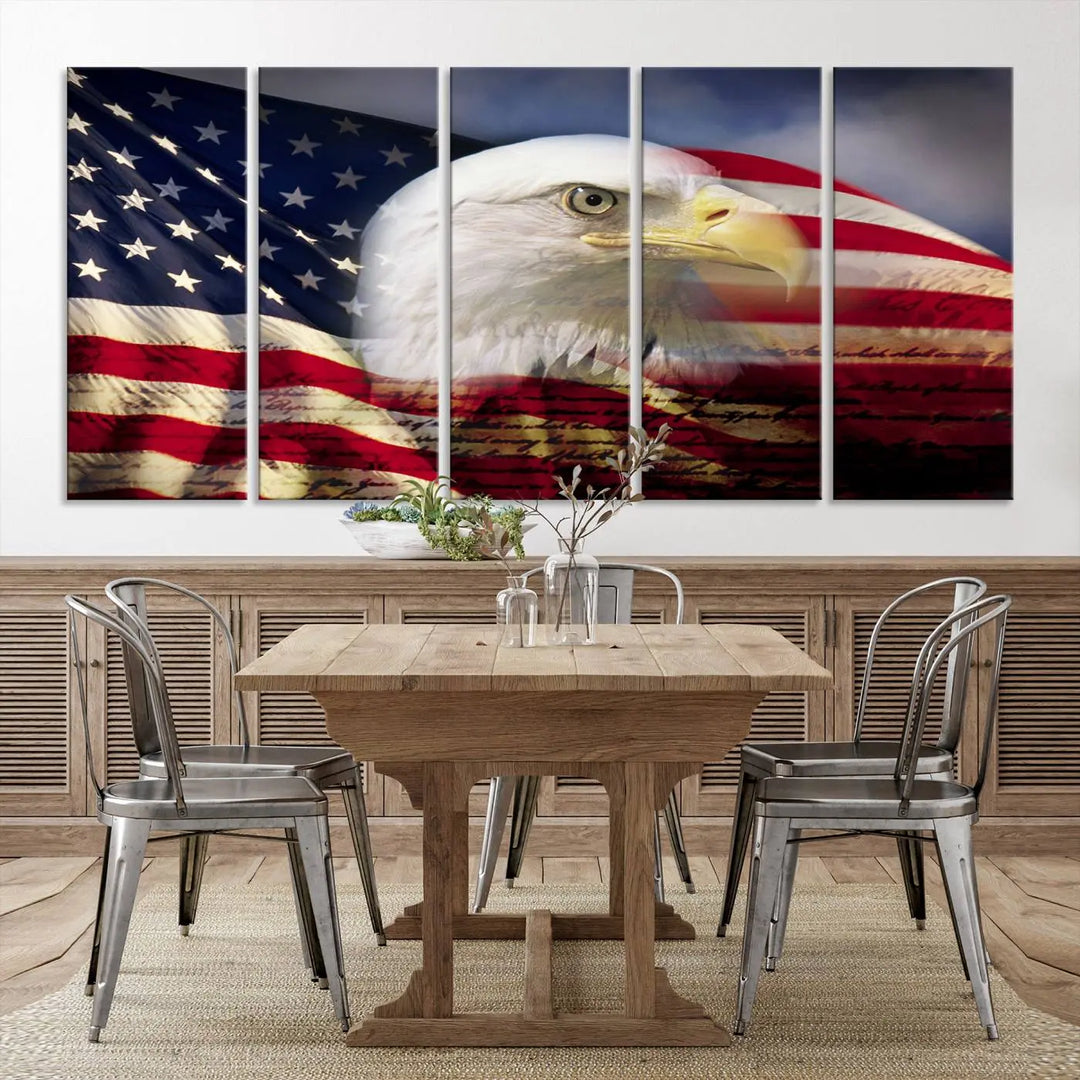 A canvas print of the American Flag Eagle Symbol, featuring a bald eagle with the American flag and printed on museum-quality canvas for high-resolution brilliance, is displayed.