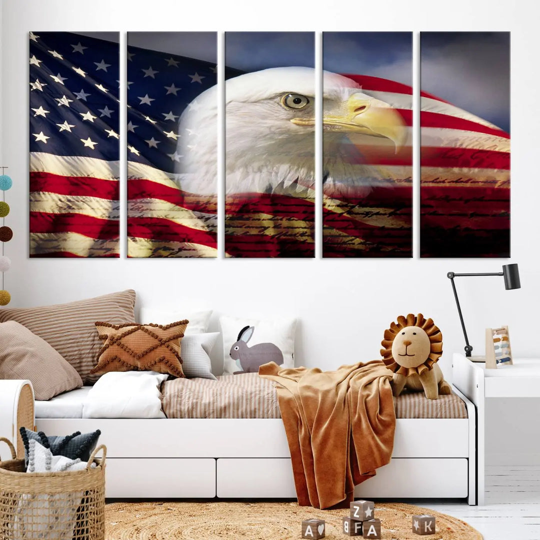 A canvas print of the American Flag Eagle Symbol, featuring a bald eagle with the American flag and printed on museum-quality canvas for high-resolution brilliance, is displayed.