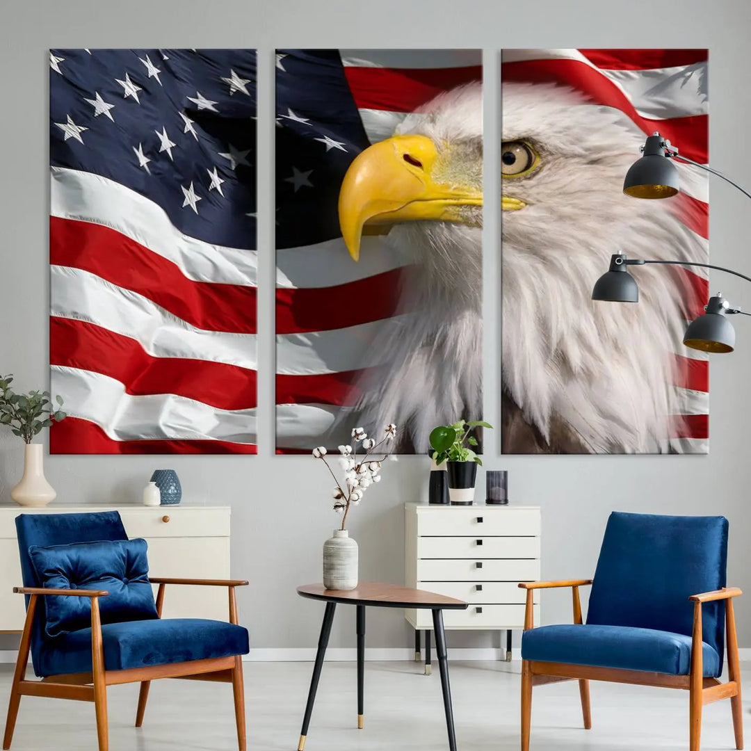 An American Flag Eagle Symbol Wall Art Canvas Print enhances a modern living room. This high-resolution printed artwork delivers stunning detail, and its gallery-wrapped design ensures a museum-quality canvas finish that elevates any space.