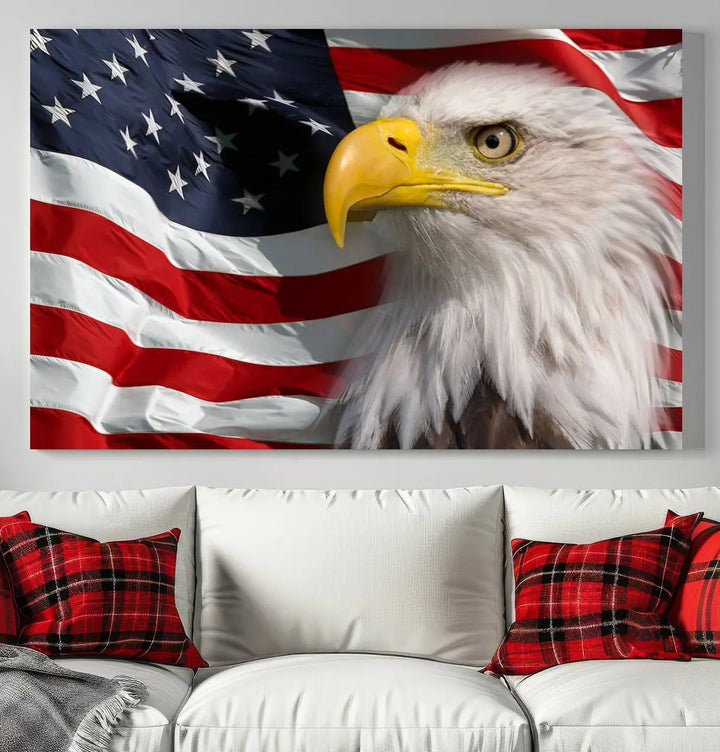 An American Flag Eagle Symbol Wall Art Canvas Print enhances a modern living room. This high-resolution printed artwork delivers stunning detail, and its gallery-wrapped design ensures a museum-quality canvas finish that elevates any space.