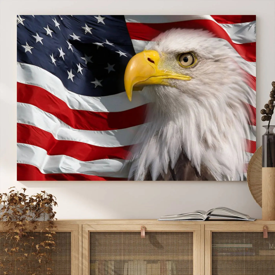 An American Flag Eagle Symbol Wall Art Canvas Print enhances a modern living room. This high-resolution printed artwork delivers stunning detail, and its gallery-wrapped design ensures a museum-quality canvas finish that elevates any space.