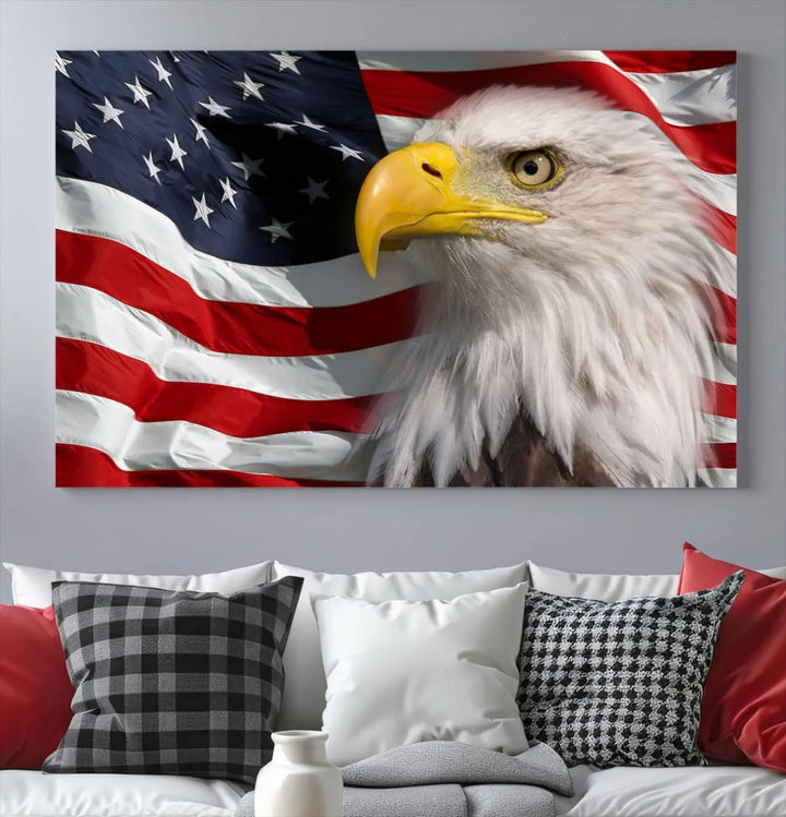 An American Flag Eagle Symbol Wall Art Canvas Print enhances a modern living room. This high-resolution printed artwork delivers stunning detail, and its gallery-wrapped design ensures a museum-quality canvas finish that elevates any space.