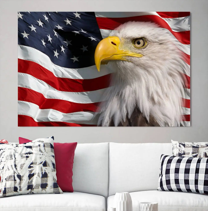 An American Flag Eagle Symbol Wall Art Canvas Print enhances a modern living room. This high-resolution printed artwork delivers stunning detail, and its gallery-wrapped design ensures a museum-quality canvas finish that elevates any space.