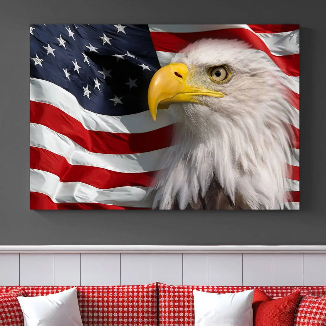 An American Flag Eagle Symbol Wall Art Canvas Print enhances a modern living room. This high-resolution printed artwork delivers stunning detail, and its gallery-wrapped design ensures a museum-quality canvas finish that elevates any space.