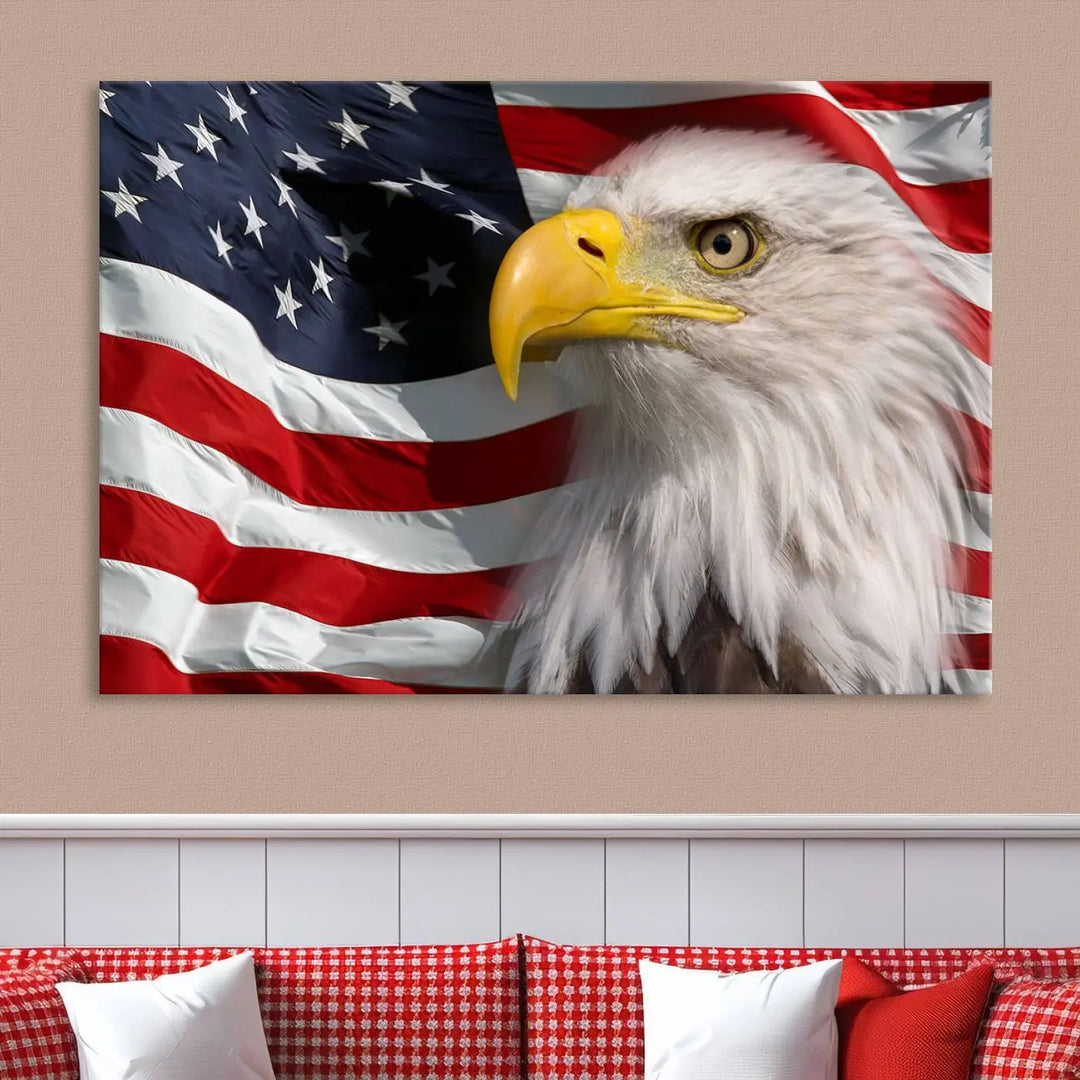 An American Flag Eagle Symbol Wall Art Canvas Print enhances a modern living room. This high-resolution printed artwork delivers stunning detail, and its gallery-wrapped design ensures a museum-quality canvas finish that elevates any space.