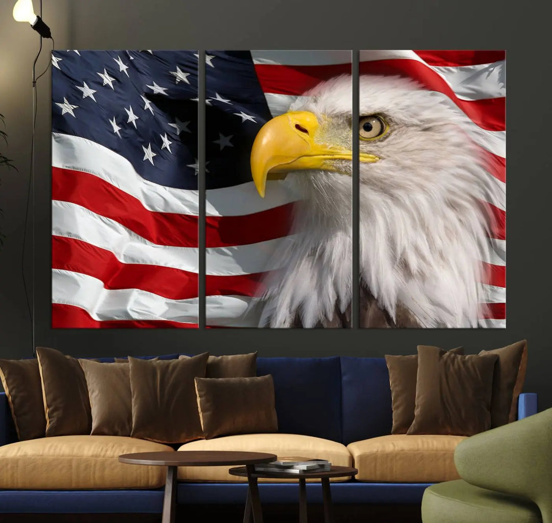 An American Flag Eagle Symbol Wall Art Canvas Print enhances a modern living room. This high-resolution printed artwork delivers stunning detail, and its gallery-wrapped design ensures a museum-quality canvas finish that elevates any space.