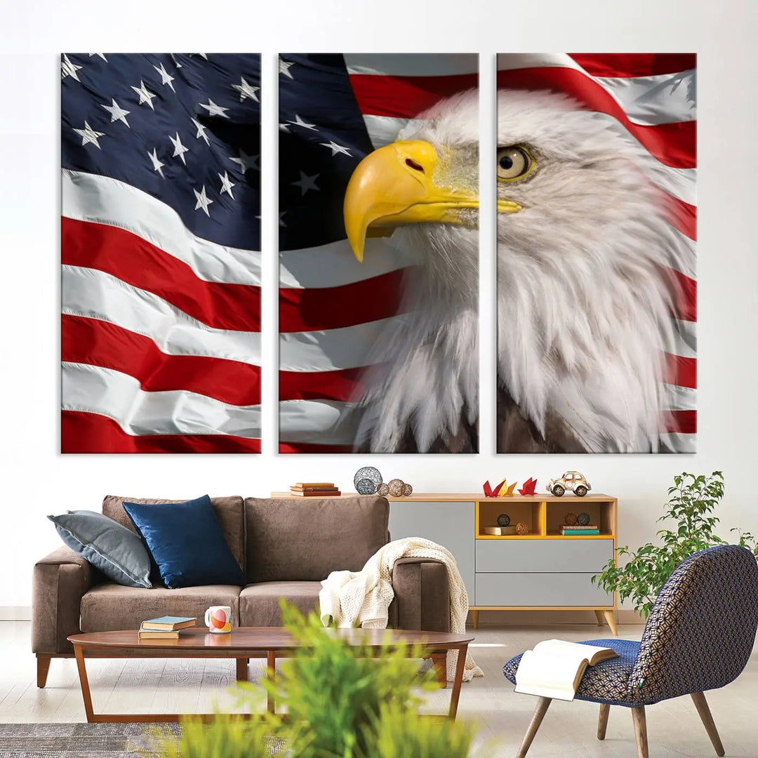 An American Flag Eagle Symbol Wall Art Canvas Print enhances a modern living room. This high-resolution printed artwork delivers stunning detail, and its gallery-wrapped design ensures a museum-quality canvas finish that elevates any space.