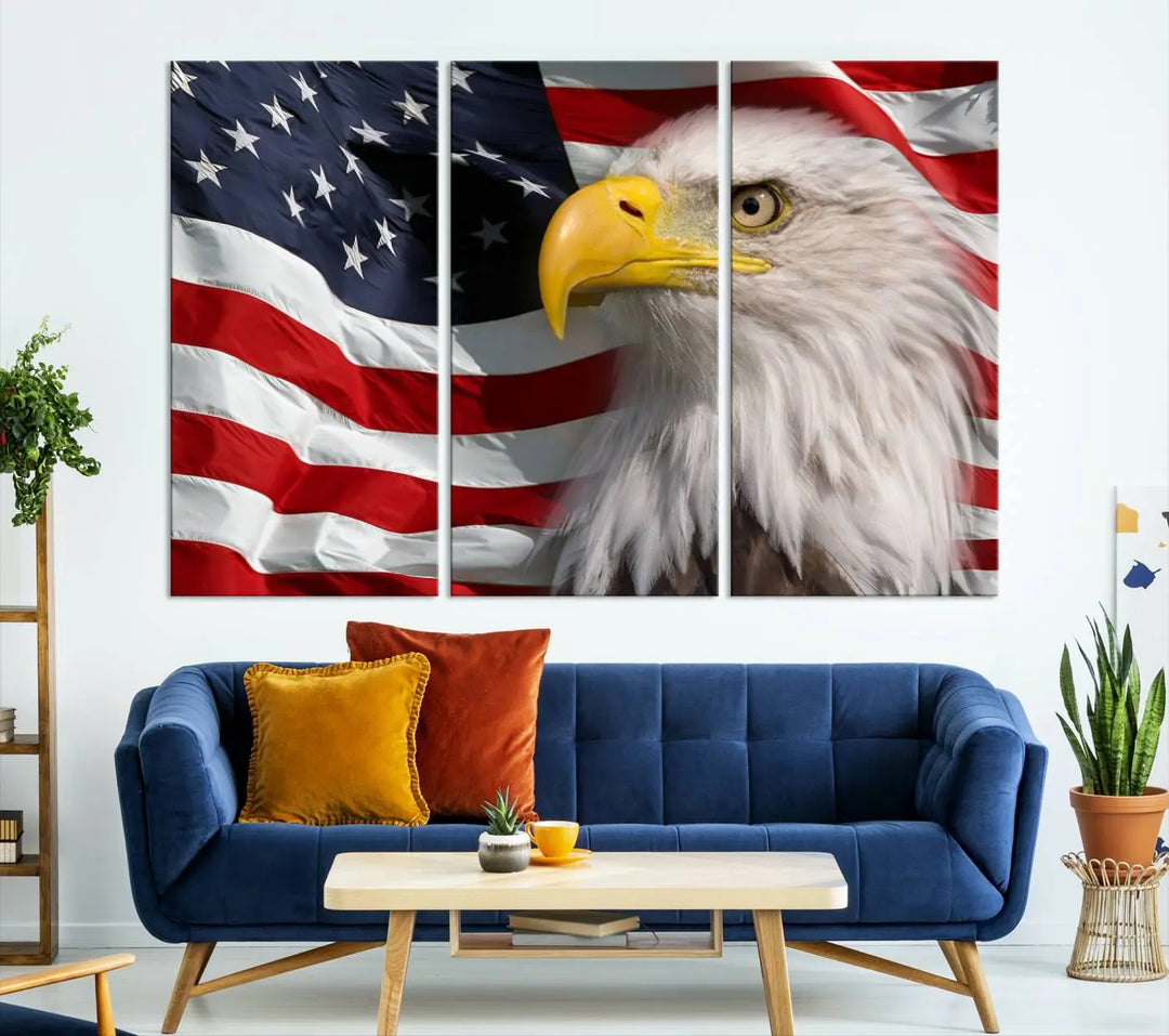 An American Flag Eagle Symbol Wall Art Canvas Print enhances a modern living room. This high-resolution printed artwork delivers stunning detail, and its gallery-wrapped design ensures a museum-quality canvas finish that elevates any space.