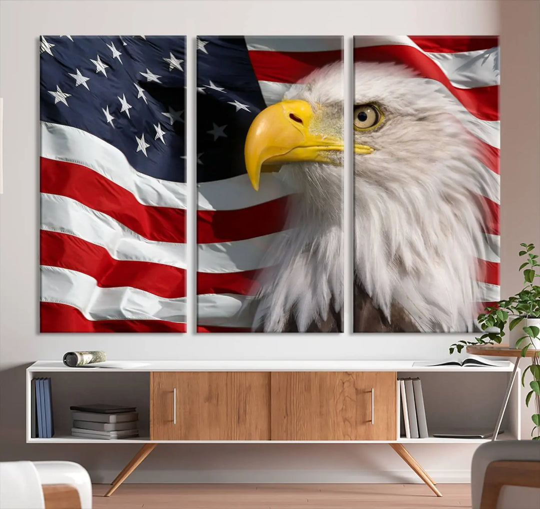 An American Flag Eagle Symbol Wall Art Canvas Print enhances a modern living room. This high-resolution printed artwork delivers stunning detail, and its gallery-wrapped design ensures a museum-quality canvas finish that elevates any space.