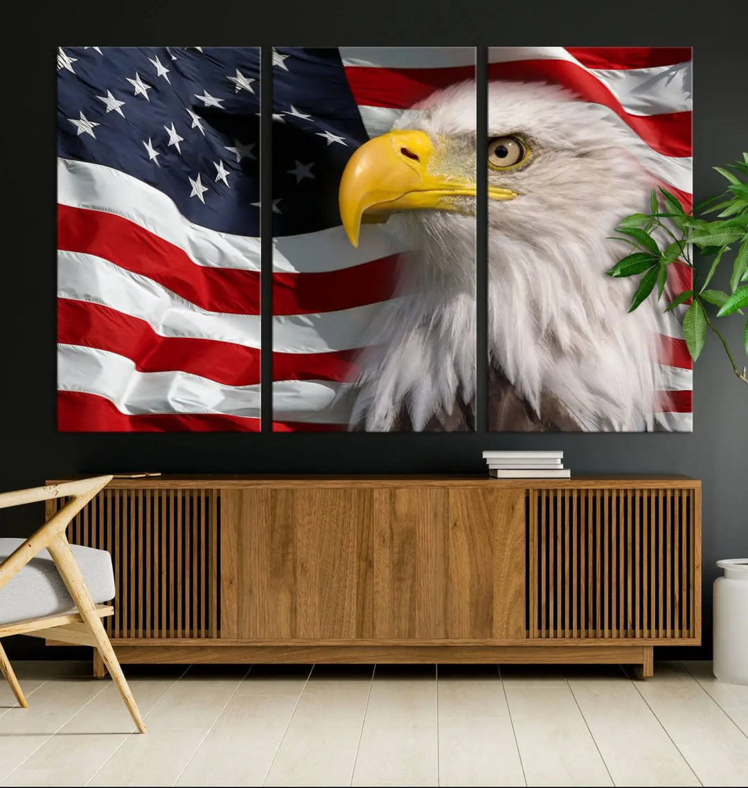 An American Flag Eagle Symbol Wall Art Canvas Print enhances a modern living room. This high-resolution printed artwork delivers stunning detail, and its gallery-wrapped design ensures a museum-quality canvas finish that elevates any space.