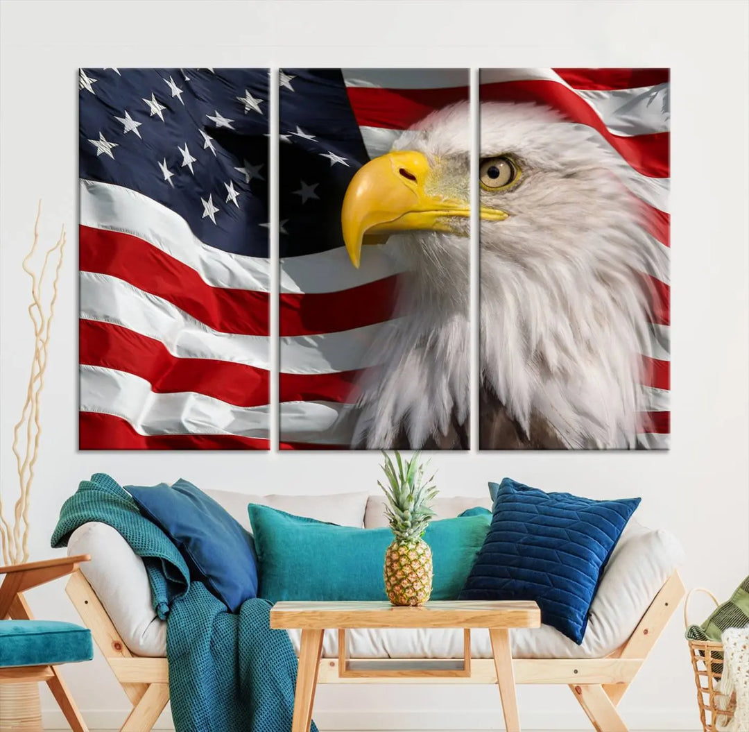 An American Flag Eagle Symbol Wall Art Canvas Print enhances a modern living room. This high-resolution printed artwork delivers stunning detail, and its gallery-wrapped design ensures a museum-quality canvas finish that elevates any space.