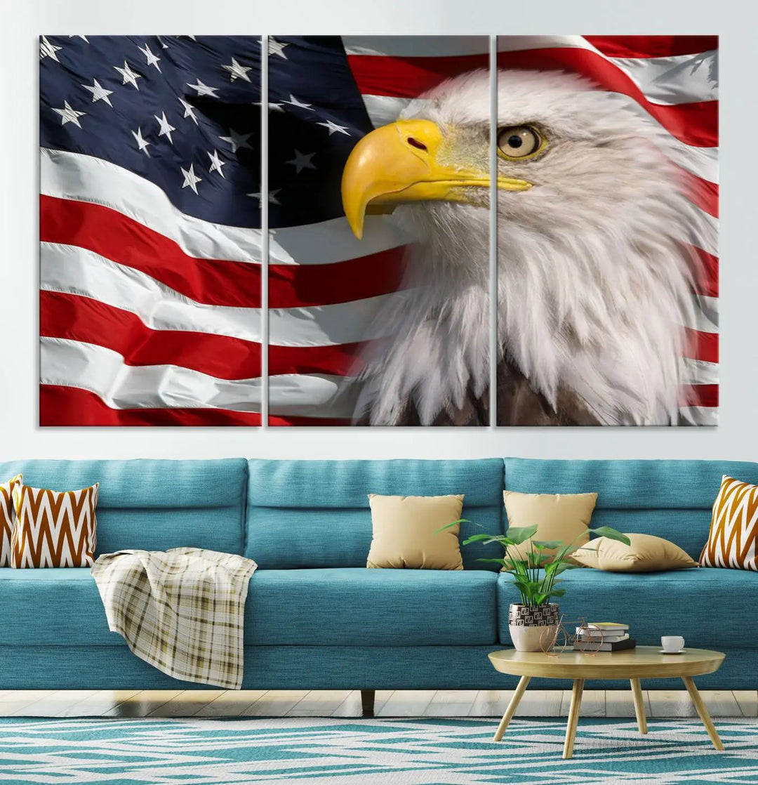 An American Flag Eagle Symbol Wall Art Canvas Print enhances a modern living room. This high-resolution printed artwork delivers stunning detail, and its gallery-wrapped design ensures a museum-quality canvas finish that elevates any space.