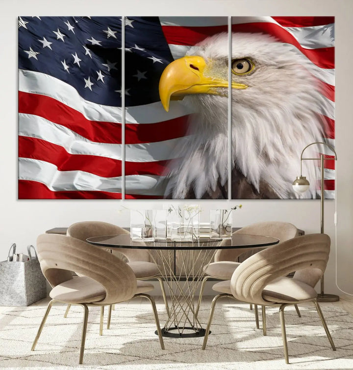 An American Flag Eagle Symbol Wall Art Canvas Print enhances a modern living room. This high-resolution printed artwork delivers stunning detail, and its gallery-wrapped design ensures a museum-quality canvas finish that elevates any space.