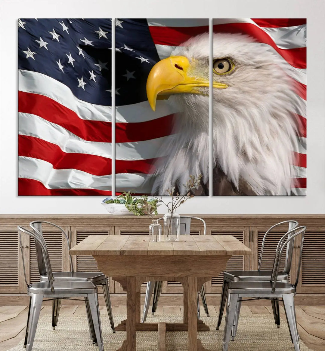 An American Flag Eagle Symbol Wall Art Canvas Print enhances a modern living room. This high-resolution printed artwork delivers stunning detail, and its gallery-wrapped design ensures a museum-quality canvas finish that elevates any space.