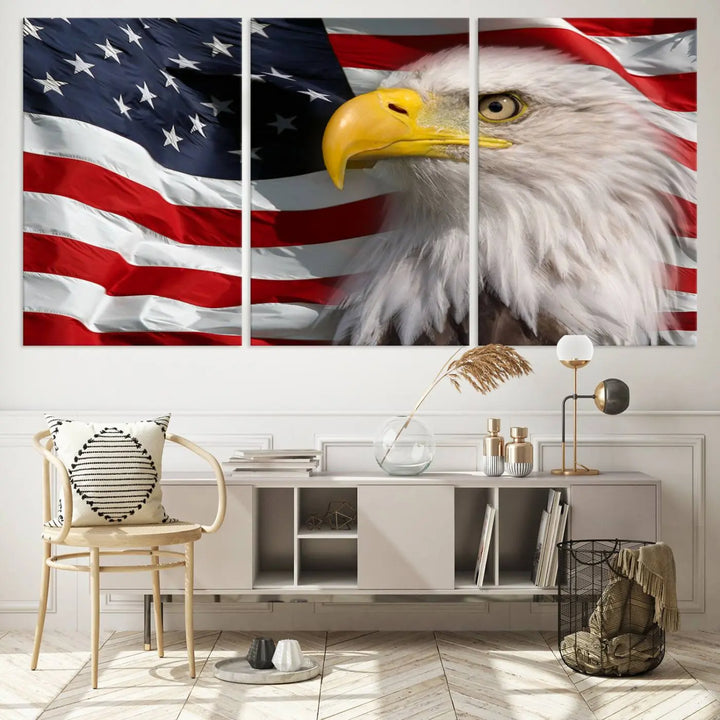 An American Flag Eagle Symbol Wall Art Canvas Print enhances a modern living room. This high-resolution printed artwork delivers stunning detail, and its gallery-wrapped design ensures a museum-quality canvas finish that elevates any space.