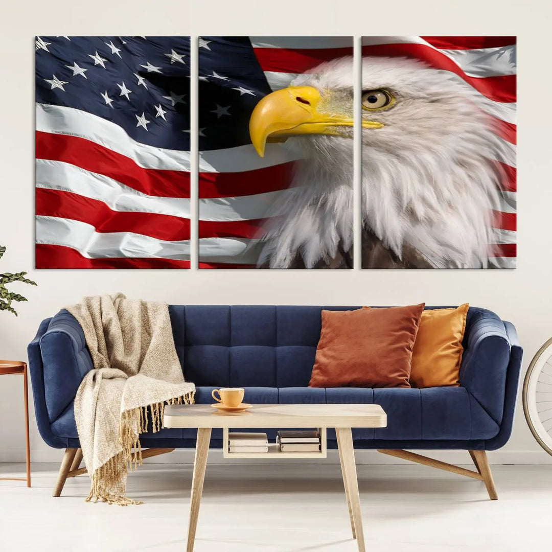 An American Flag Eagle Symbol Wall Art Canvas Print enhances a modern living room. This high-resolution printed artwork delivers stunning detail, and its gallery-wrapped design ensures a museum-quality canvas finish that elevates any space.