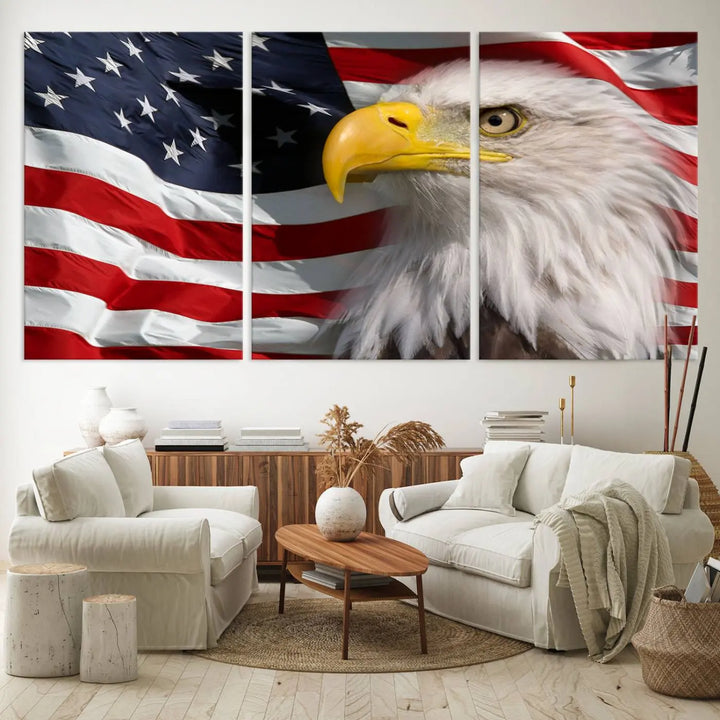 An American Flag Eagle Symbol Wall Art Canvas Print enhances a modern living room. This high-resolution printed artwork delivers stunning detail, and its gallery-wrapped design ensures a museum-quality canvas finish that elevates any space.