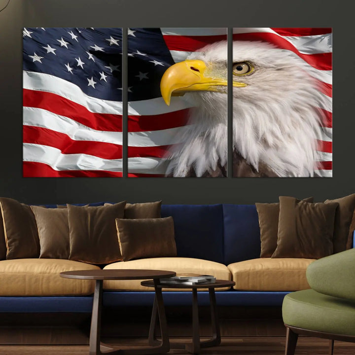 An American Flag Eagle Symbol Wall Art Canvas Print enhances a modern living room. This high-resolution printed artwork delivers stunning detail, and its gallery-wrapped design ensures a museum-quality canvas finish that elevates any space.