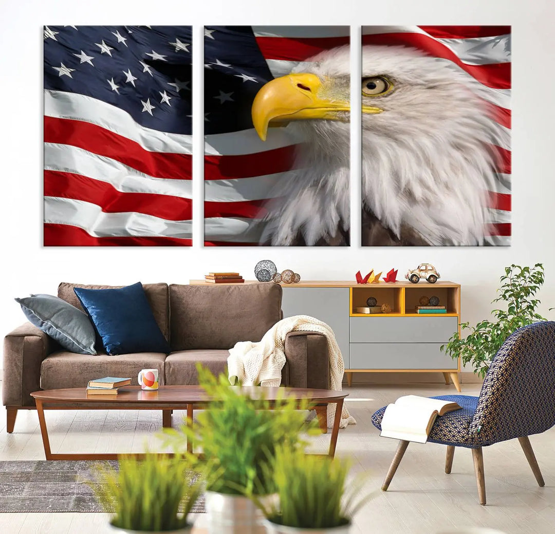 An American Flag Eagle Symbol Wall Art Canvas Print enhances a modern living room. This high-resolution printed artwork delivers stunning detail, and its gallery-wrapped design ensures a museum-quality canvas finish that elevates any space.