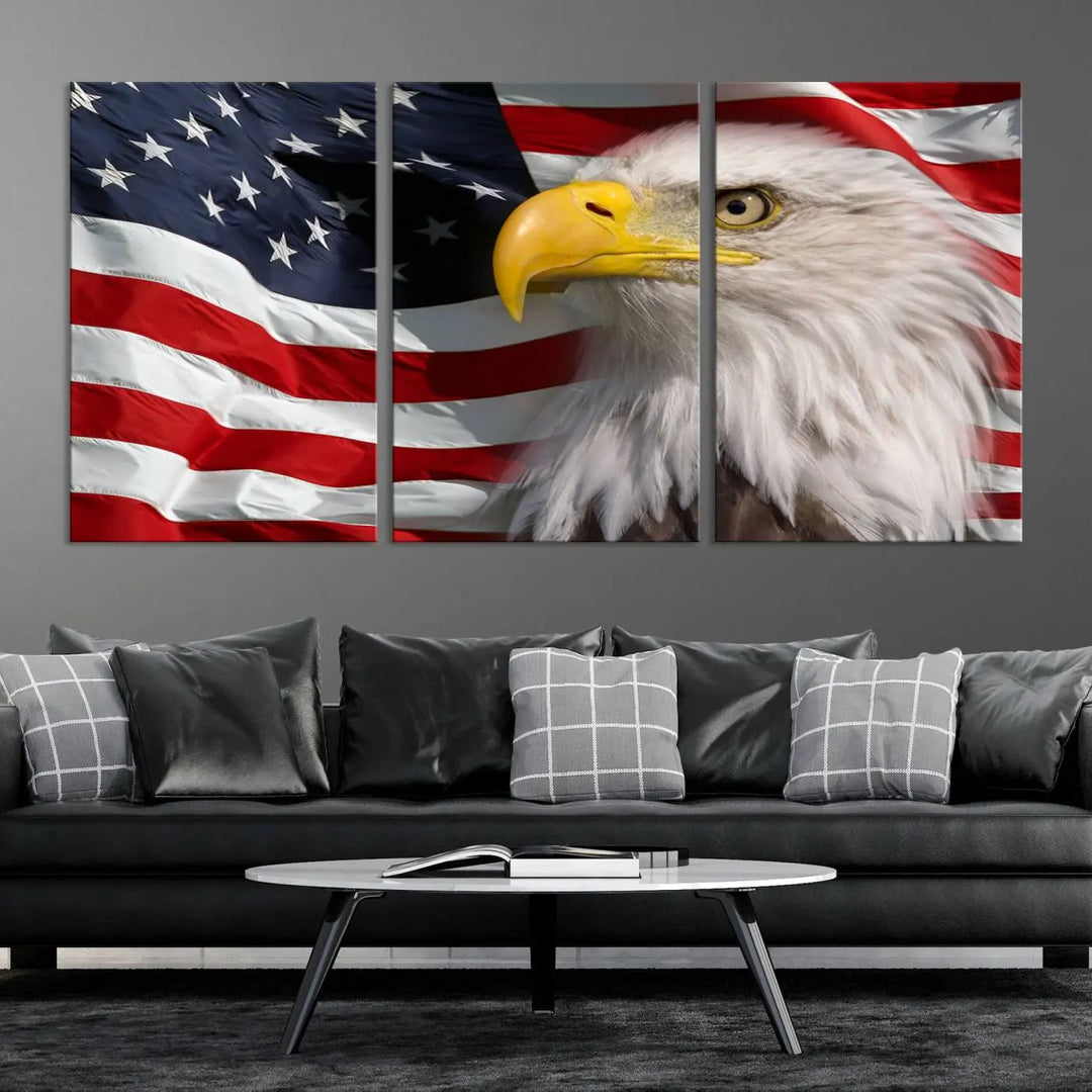 An American Flag Eagle Symbol Wall Art Canvas Print enhances a modern living room. This high-resolution printed artwork delivers stunning detail, and its gallery-wrapped design ensures a museum-quality canvas finish that elevates any space.