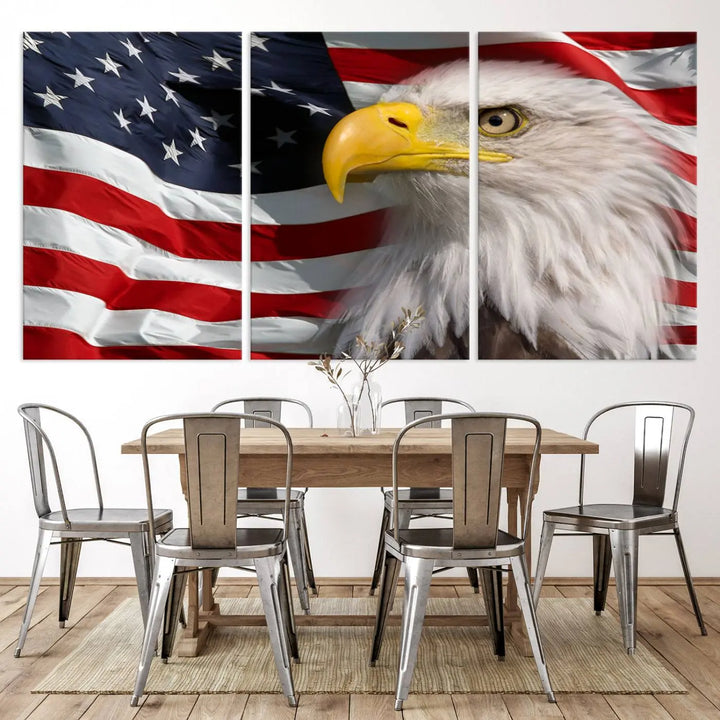 An American Flag Eagle Symbol Wall Art Canvas Print enhances a modern living room. This high-resolution printed artwork delivers stunning detail, and its gallery-wrapped design ensures a museum-quality canvas finish that elevates any space.